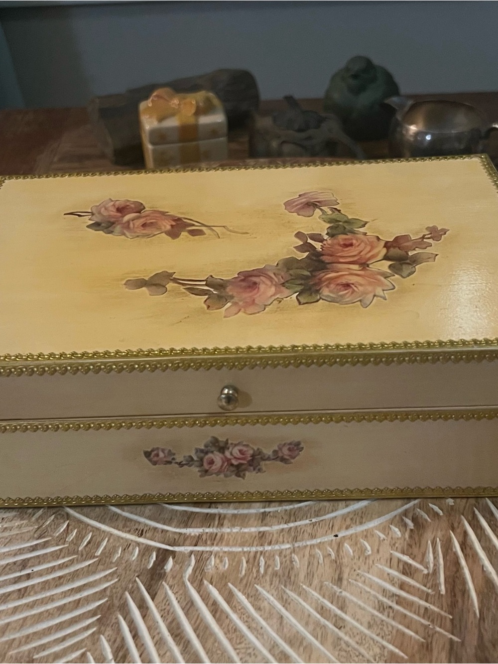Vintage Decoupage Folk Art Floral Motif Wood Jewelry Box Ornate Trim EUC